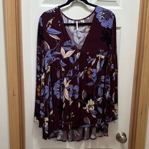 Women's Free People Floral V-Neck Long Sleeve Tunic Top - Burgundy Floral